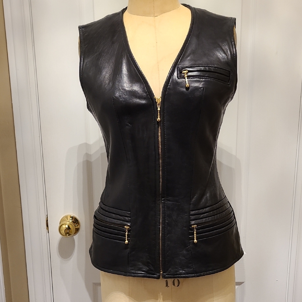 Marquis Black Leather Vest with Gold Accents